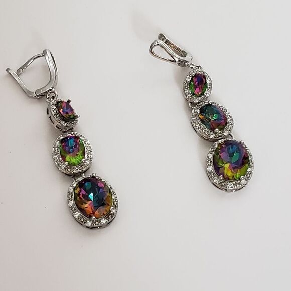 RAINBOW CUBIC ZIRCONIA & Rhinestone Dangle Sparkling Earrings - Picture 5 of 6